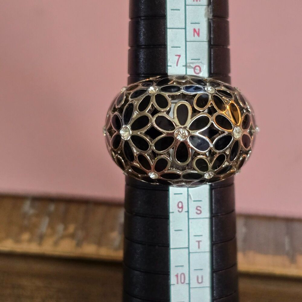 Coach Domed Ring with Black Flowers and Rhinestones Sz 8